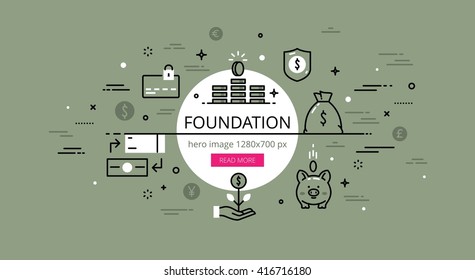 Linear financial web banner and hero image. Line flat credit card, piggy bank, money bag and exchange.