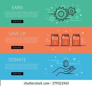 Linear financial web banners vector set. Line gears, fund jars, donate hand, coins, currency symbol, money sign. Design set of graphic outline banners illustration