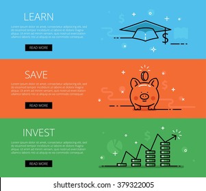 Linear financial web banners vector set. Line mortar board, piggy bank, money pillars, chart, diagrams, coins, currency symbol, money sign. Design set of graphic outline banners illustration