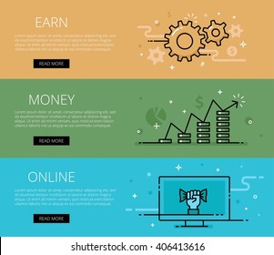 Linear financial web banners vector set. Line cogs, money piles, coins, currency symbol, computer, hand with cash. Design set of graphic outline banners illustration