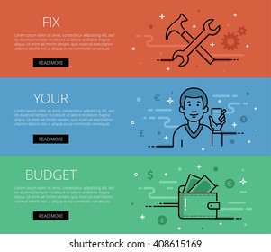 Linear financial web banners vector set. Line hammer and wrench, cogs, man avatar with calculator, wallet with money. Design set of graphic outline banners illustration