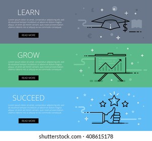 Linear financial web banners vector set. Line mortar board, chart, man hand with thumb up, shiny stars, coins, currency symbol and money sign. Design set of graphic outline banners illustration