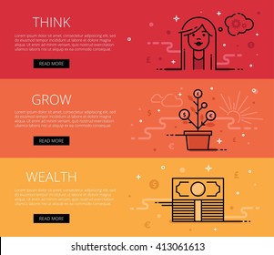 Linear financial web banners vector set. Line stylish woman face, thinking cloud with cogs, bundle of money, money tree and money symbols. Design set of graphic outline banners illustration 