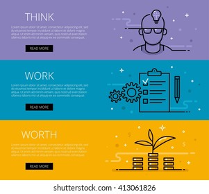 Linear financial web banners vector set. Line stylish man face in glasses with electric lightbulb, cogs, paper clip with list, pencil. Design set of graphic outline banners illustration 