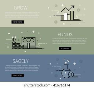 Linear financial web banners vector set. Line money chart, money piles and money lab. Design set of graphic outline banners illustration