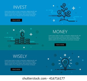 Linear financial web banners vector set. Line money tree, money piles and money light bulb. Design set of graphic outline banners illustration