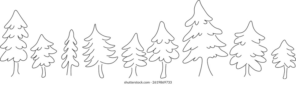 linear fir tree's collection in doodle style. Objects for design, logo, print, icon, landscape, coloring, background, sticker, postcard.