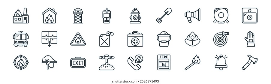 linear fire fighters icon pack. vector thin line bell, house, tower, alarm, canister, glove, emergency call, axe icons suitable for apps and websites ui designs