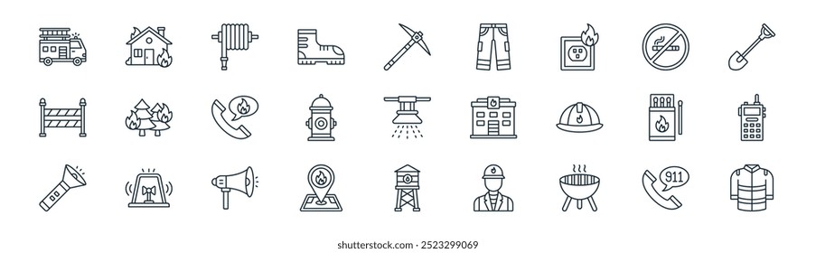 linear firefighter icon pack. vector thin line call, fire, hose, no smoking, hydrant, walkie talkie, water tower, jacket icons suitable for apps and websites ui designs