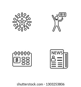 Linear Fireworks, Calendar, Protest, Newspaper Vector Illustration Of 4 outline Icons. Editable Pack Of Fireworks, Calendar, Protest, Newspaper