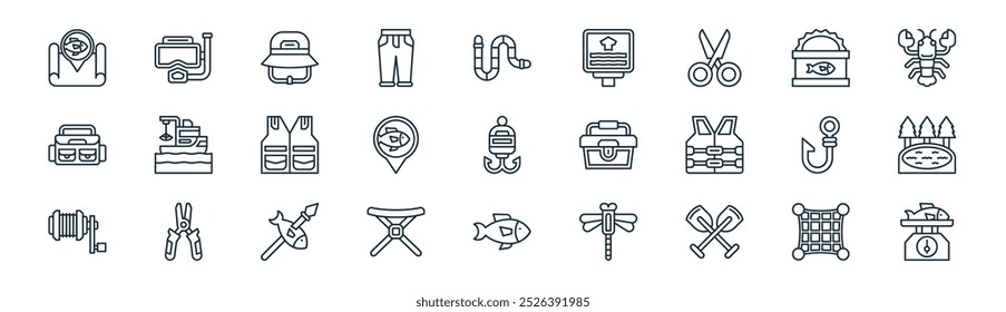 linear fishing icon pack. vector thin line net, snorkel, hat, tuna can, location pin, pond, fish, scale icons suitable for apps and websites ui designs