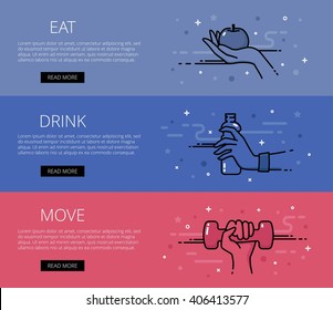 Linear fitness and bodybuilding web banners vector set. Line female hands with an apple, a bottle and dumbbell. Design set of graphic outline banners illustration