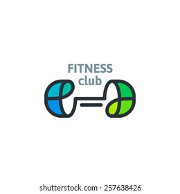 Linear fitness club template logo. Dumbbell colorful vector icon. Sport symbol.