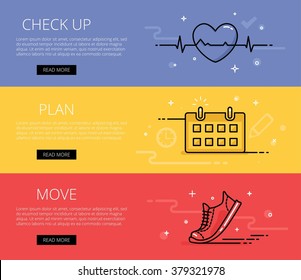 Linear fitness literacy web banners vector set. Line ecg heart, training calendar, sneaker. Design set of graphic outline banners illustration