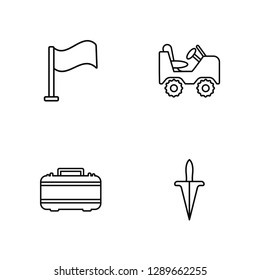 Linear Flag, First aid, Military vehicle, Dagger Vector Illustration Of 4 outline Icons. Editable Pack Of Flag, First aid, Military vehicle, Dagger