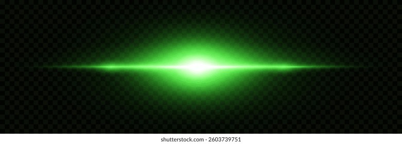 Linear flash. Laser beams, horizontal lines of light, green light. Vector.