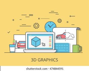 Linear Flat 3D graphics service website hero image vector illustration. Digital art tools and technology concept. Laptop, sketch, modeling software interface.