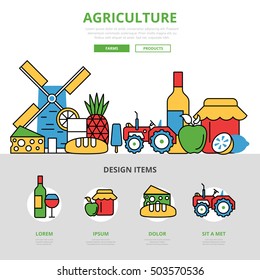 Linear flat Agriculture infographics template and icons website hero image vector illustration. Natural farm products concept 