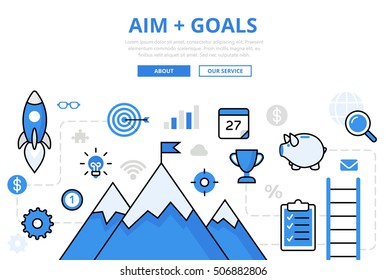 Linear flat AIM + GOALS infographics template and icons website hero image vector illustration. Business achievements concept.
