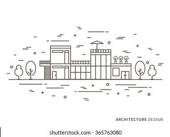 Linear flat architecture landscape illustration of modern designer house (mansion, homestead) with windows, door, stairs, trees. Outline vector graphic concept of architecture landscape design.  
