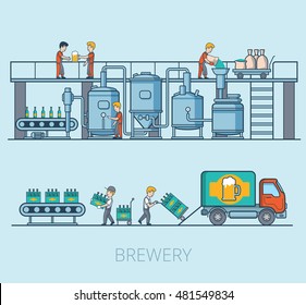 Linear Flat beer production line, hop loading, degustation, packing and delivery vector illustration set. Brewery business concept.