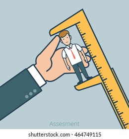 Linear Flat Big boss measure micro manager with calipers vector illustration. Assessment, examine business professionals concept.