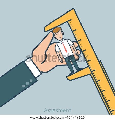 Linear Flat Big boss measure micro manager with calipers vector illustration. Assessment, examine business professionals concept.