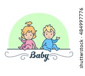 Linear Flat Boy and Girl Twins vector illustration. Scrapbook, hand made album or greeting card template. Parenting and Newborn concept.