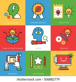 Linear Flat Brainstorm, Premium Service, Prototype, Think outside the Box, Vision, Services, Interface, Logo and Graphic design vector illustration set. Business success concept.