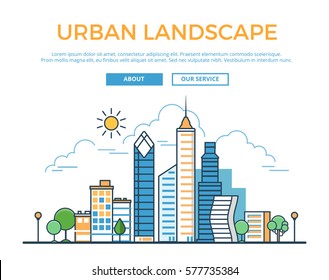 Linear Flat Buildings, skyscrapers, business center, offices and houses on sky shiny background vector illustration. Modern city, Urban landscape concept.