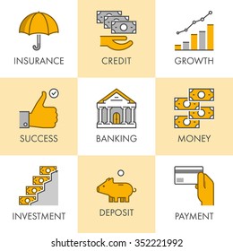 Linear and flat business icons for web. Insurance, credit, growth, success, banking, money, investment, deposit, payment. Vector set of symbols