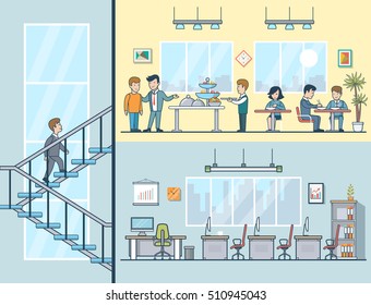 Linear Flat Business homens e mulheres almoçando, lugar de trabalho vazio, construção de ilustração vetorial interior. Conceito de estilo de vida de escritório de empresários.