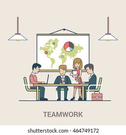 Linear Flat Business people brainstorming in meeting room vector illustration. Businessman, secretary, manager, client characters. Teamwork concept.