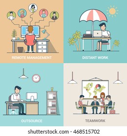 Linear Flat Business people at work vector illustration set. Outsourcing, Teamwork, Distant work, Remote management business concepts.