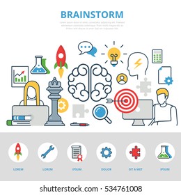 Linear flat Business people working, Brainstorm infographics template and icons website hero image vector illustration. Creative team concept.