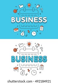 Linear Flat BUSINESS word over calendar or schedule and icons website image vector illustration set. Planing process concept.