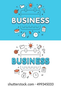 Linear Flat BUSINESS word over calendar or schedule and icons website hero image vector illustration set. Planing process concept.