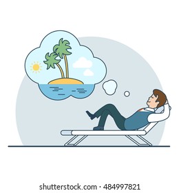 Linear Flat Businessman dreaming vacation on an uninhabited island vector illustration. Business overwork concept.