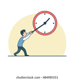 Linear Flat Businessman holding clock arrow, trying to stop or slow down time vector illustration. Business Time Management concept.