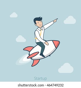 Linear Flat Businessman on rocket flying up in sky web infographics vector illustration. Business startup concept.