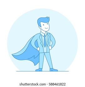 Linear Flat Businessman posing in suit and Super hero red cape vector illustration. Business leader concept