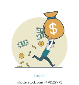 Linear Flat Businessman running with money bag, coins and banknote fall out vector illustration. Losses in business concept.