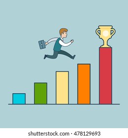 Linear Flat Businessman running over diagram to reach cup vector illustration. Successful business concept.