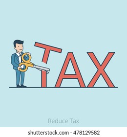 Linear Flat Businessman with scissors cutting big T letter vector illustration. Reduce Tax Business concept.