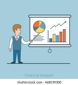 Linear Flat Businessman shows report, presentation vector illustration. Financial Business Analysis, Audit, Planing concept.