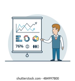 Linear Flat Businessman shows report, presentation vector illustration. Financial Business Analysis, Audit, Planing concept.