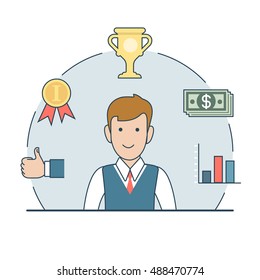 Linear Flat businessman surrounded trophy, winner cup, money banknotes, diagram and Like hand vector illustration. Profit, Business success concept.