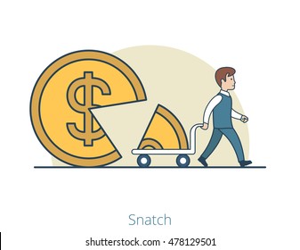 Linear Flat Businessman takes away part of coin shaped pie on cart vector illustration. Shareholder snatch business concept.