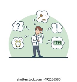 Linear Flat Businessman thinking about auction or credit; gavel, money banknotes, alarm clock, exclamation and question mark around vector illustration. Business lending limits concept.