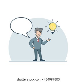 Linear Flat Businessman thinking on idea vector illustration. Lamp, Empty talk bubble to place your text. Business Innovation concept.